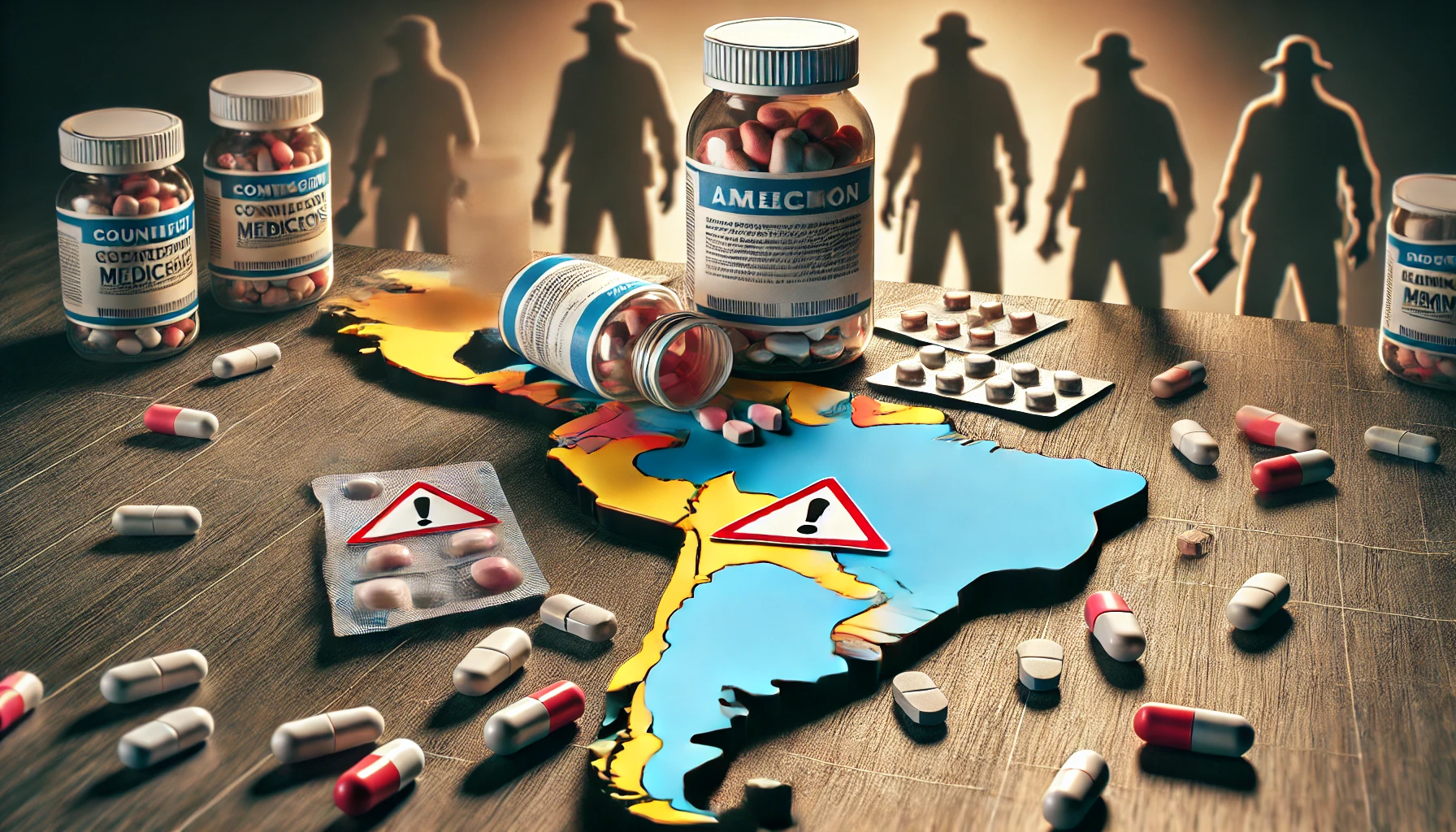 DALL·E 2024-10-15 11.58.10 - A visually engaging image depicting the issue of counterfeit medicines in Latin America. The image features a close-up of medicine packaging with obvi