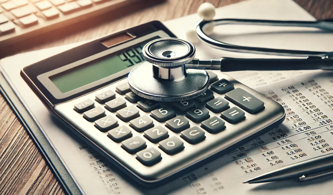 DALL·E 2024-09-23 11.50.36 - A close-up image featuring a metallic stethoscope and a financial calculator on a desk with a health-related document underneath. The stethoscope is l